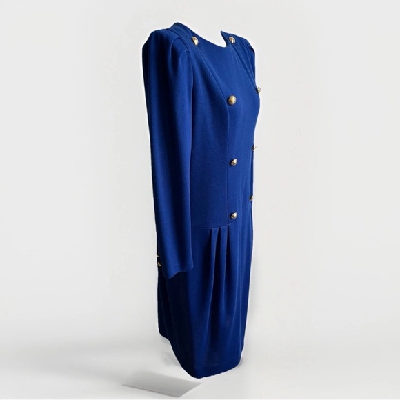 Vintage 80s David Warren Blue Knit Dress Midi Wool Gold Buttons Money ILGWU 10 P - Picture 3 of 10